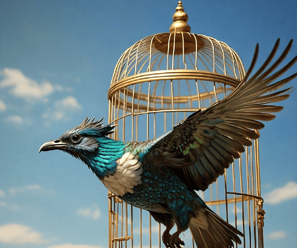 A bird flying out of a cage, with a sunny sky